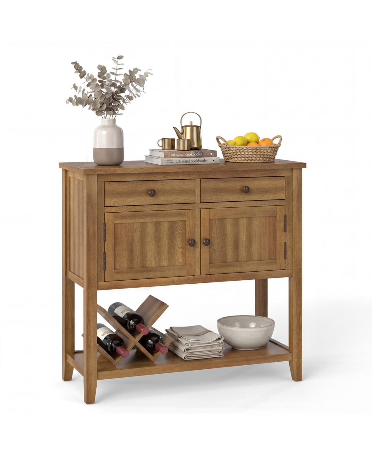 Mecale Mid-Century Console Table Wood Coffee Bar Buffet Sideboard with 2 Drawers