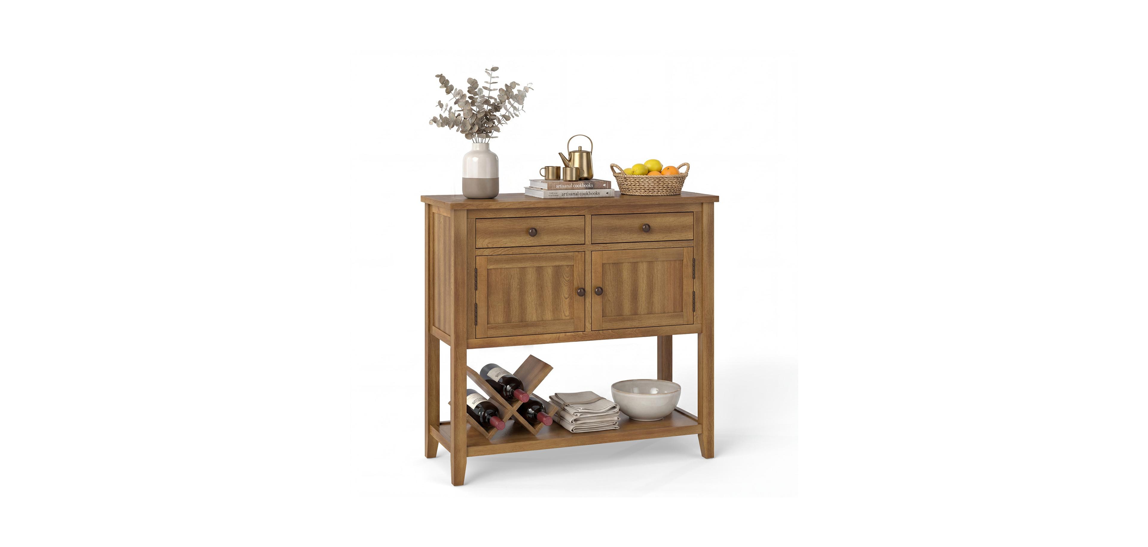 Mecale Mid-Century Console Table Wood Coffee Bar Buffet Sideboard with 2 Drawers