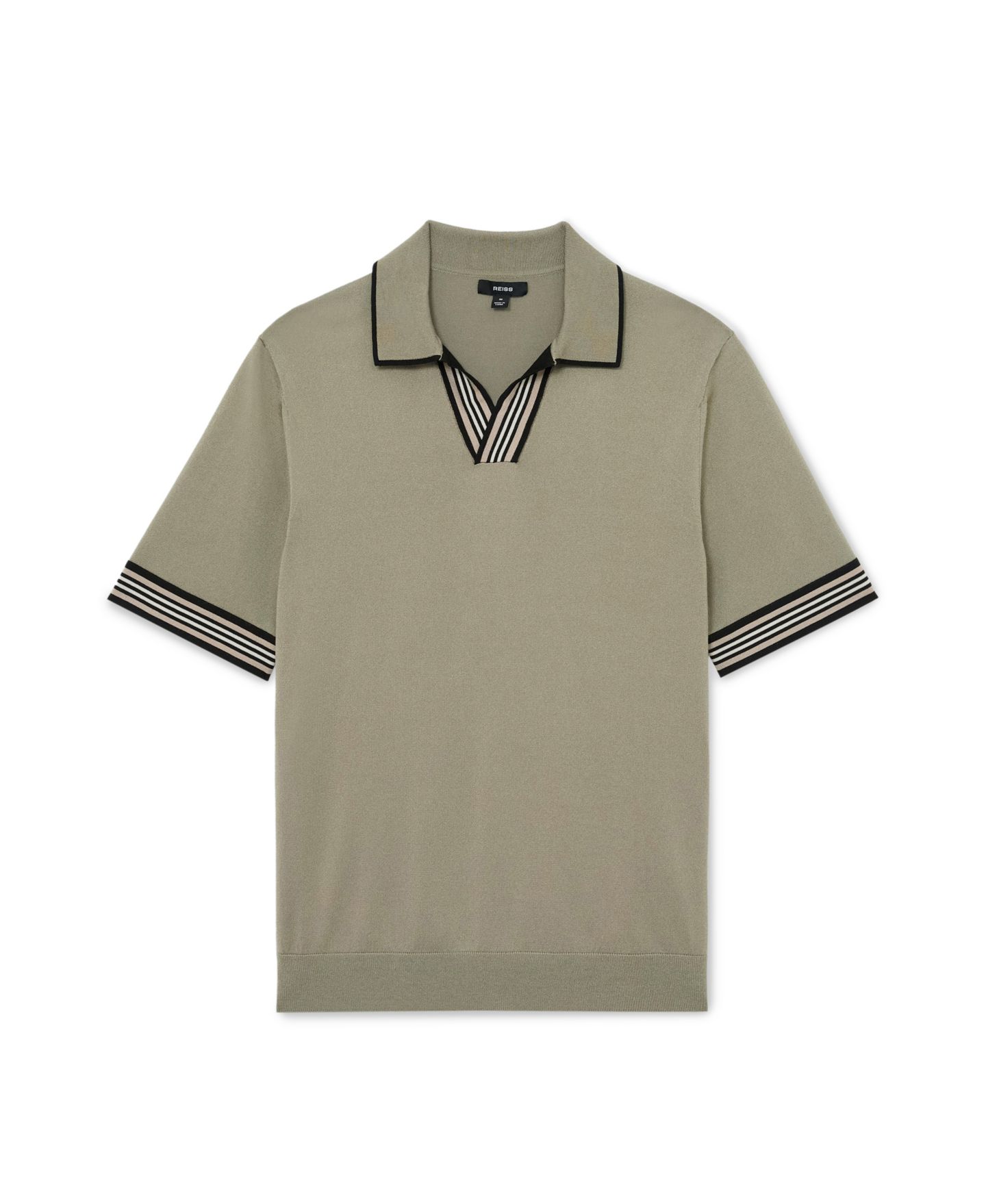 Мужское поло REISS Poole Compact-Knit Stripe-Tipped Regular Fit Polo Shirt, цвет: Шалфейный зелёный — фото 4