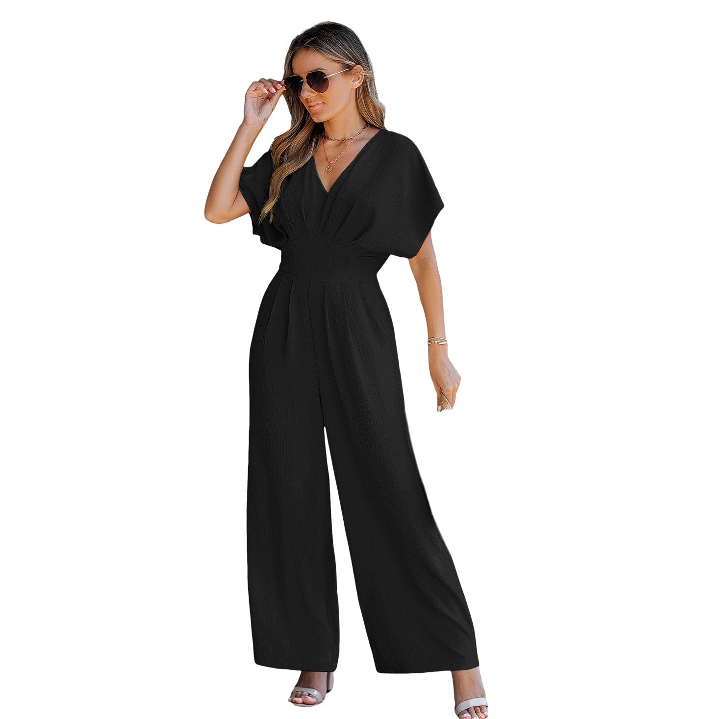 Женский комбинезон Cupshe V-Neck Short Sleeve Straight Leg Jumpsuit, цвет: Чёрный — фото 2