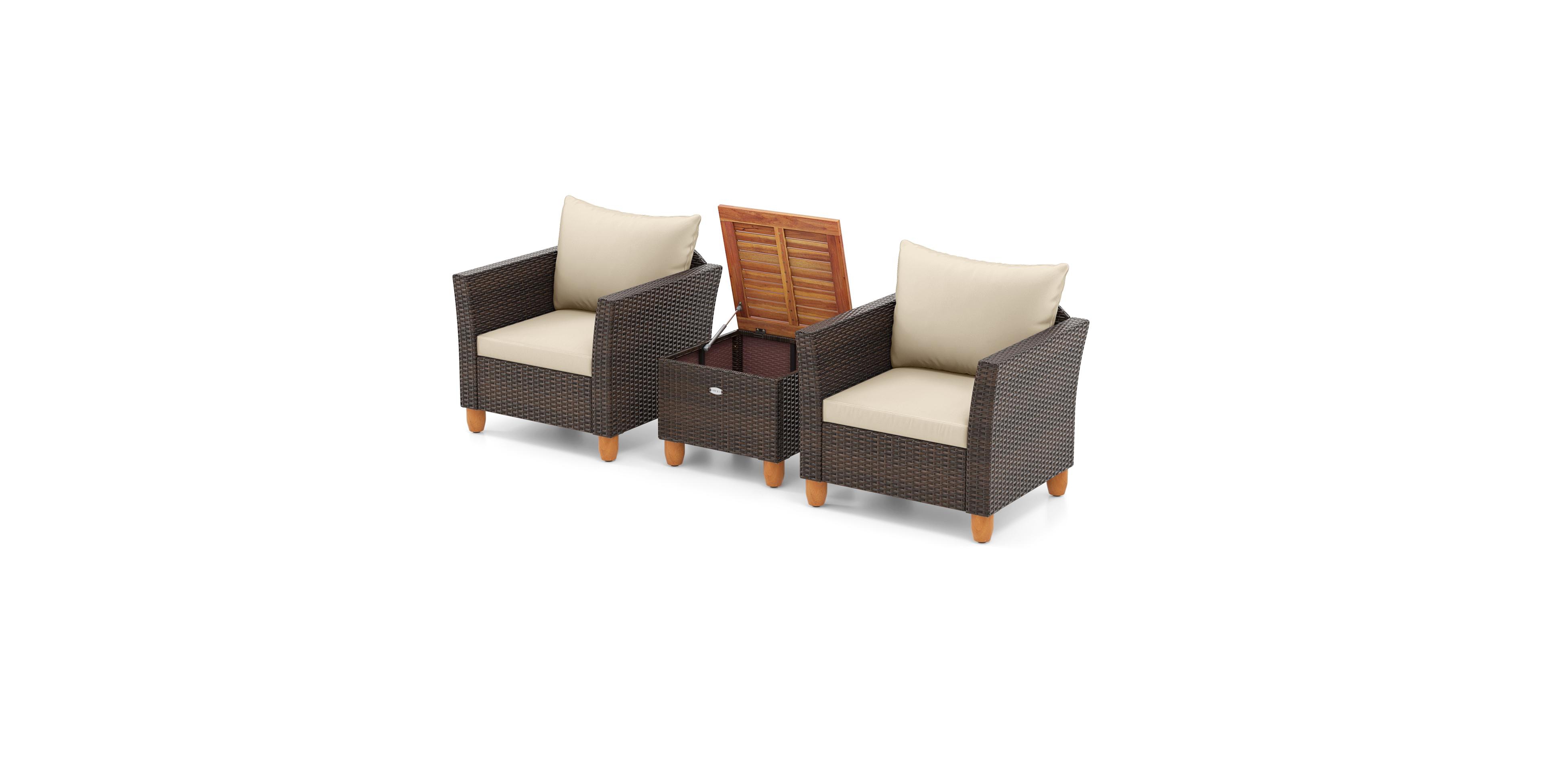 Gymax 3 Piece Patio Pe Wicker Furniture Set Outdoor Conversation Bistro Set with Cushions