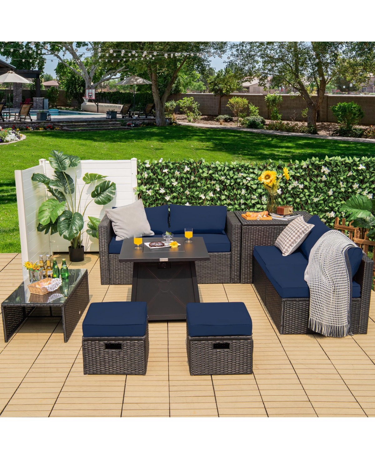 Sugift 9-Piece Rattan Patio Set with 30 in Propane Fire Pit and Dust Covers