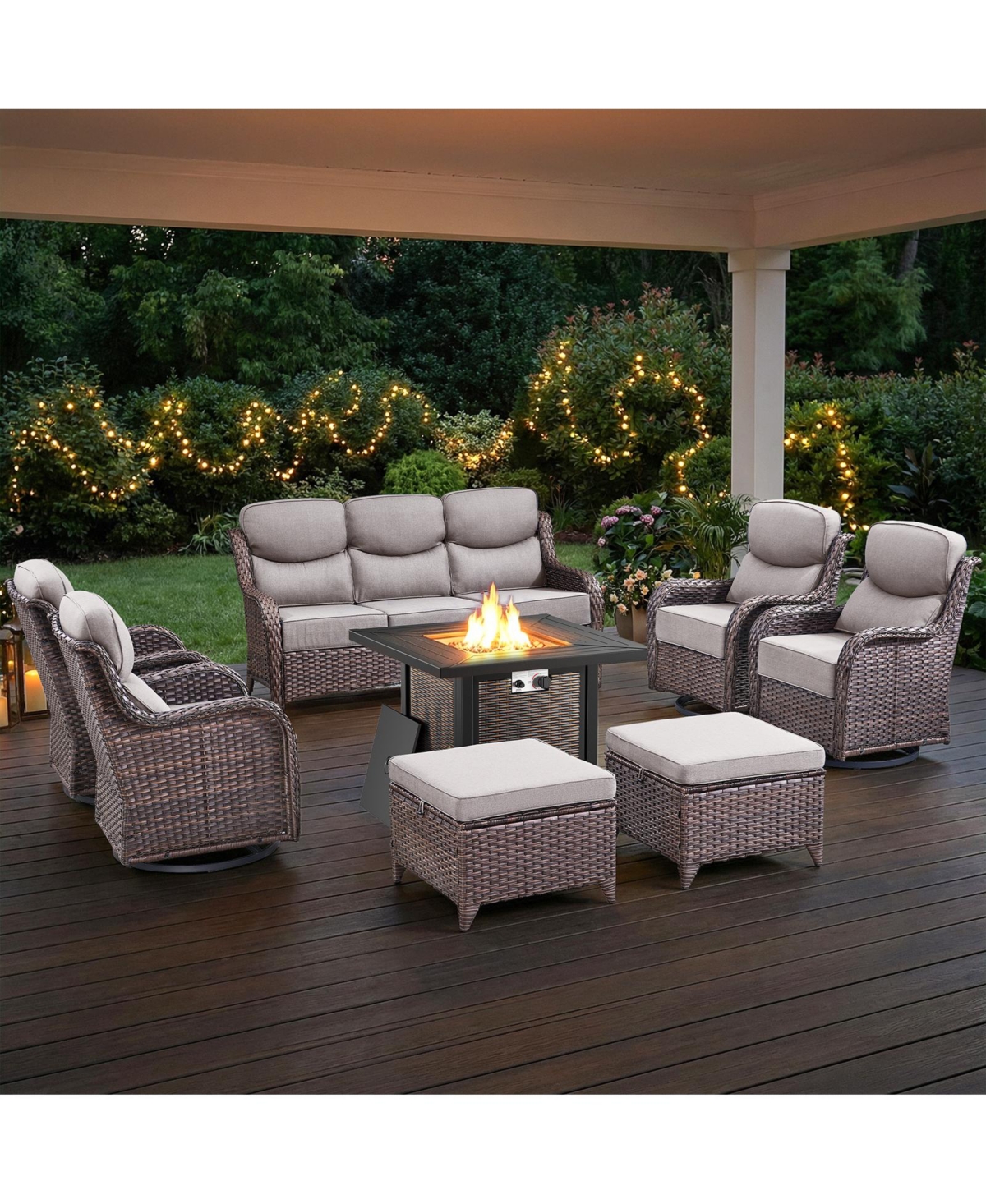 Pocassy Homile 8 Pieces All-Weather Wicker Patio Furniture Set With Propane Fire Pit Table, Swivel Rocking Chairs and 6in Thick Cushions