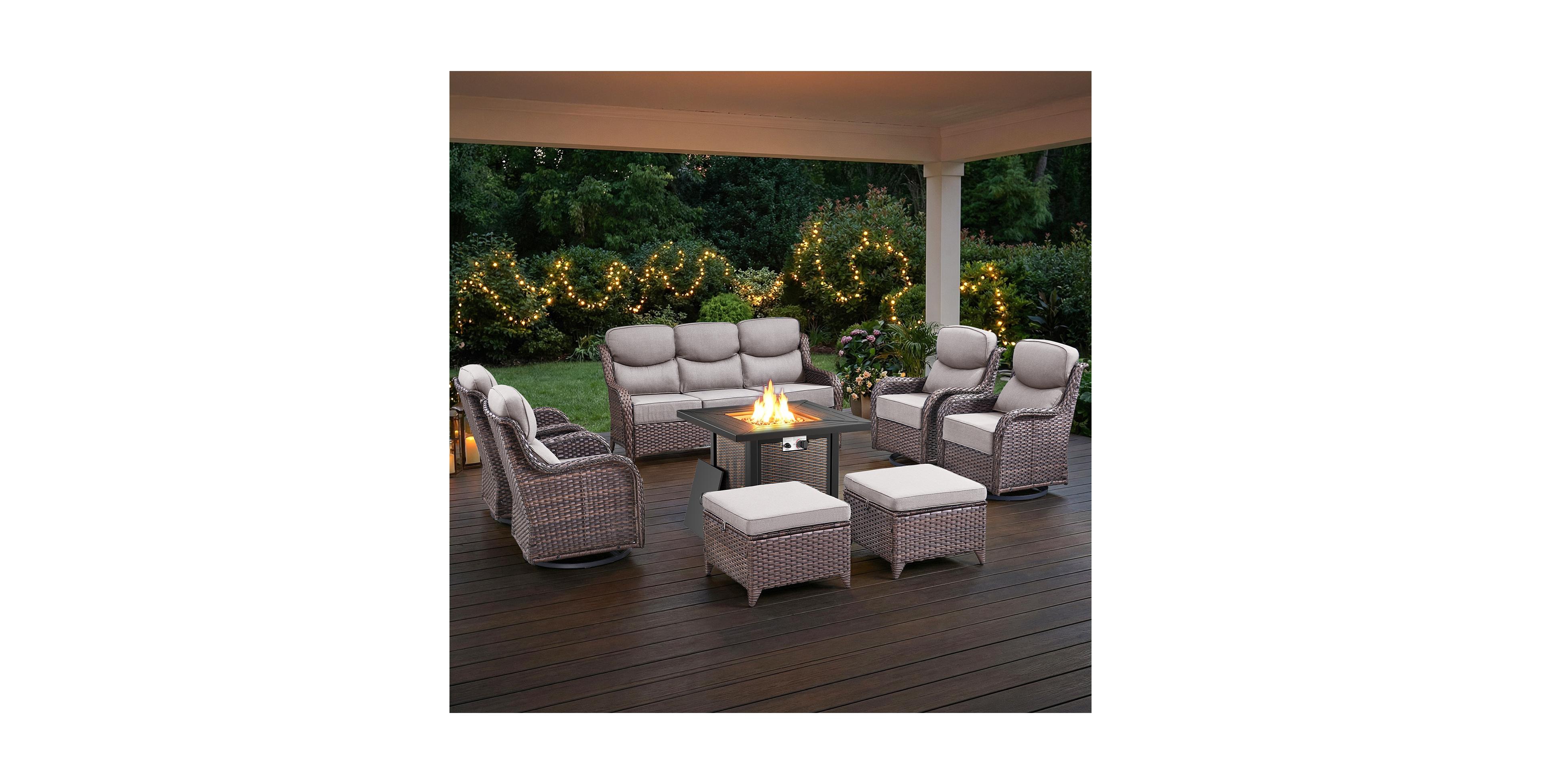Pocassy Homile 8 Pieces All-Weather Wicker Patio Furniture Set With Propane Fire Pit Table, Swivel Rocking Chairs and 6in Thick Cushions