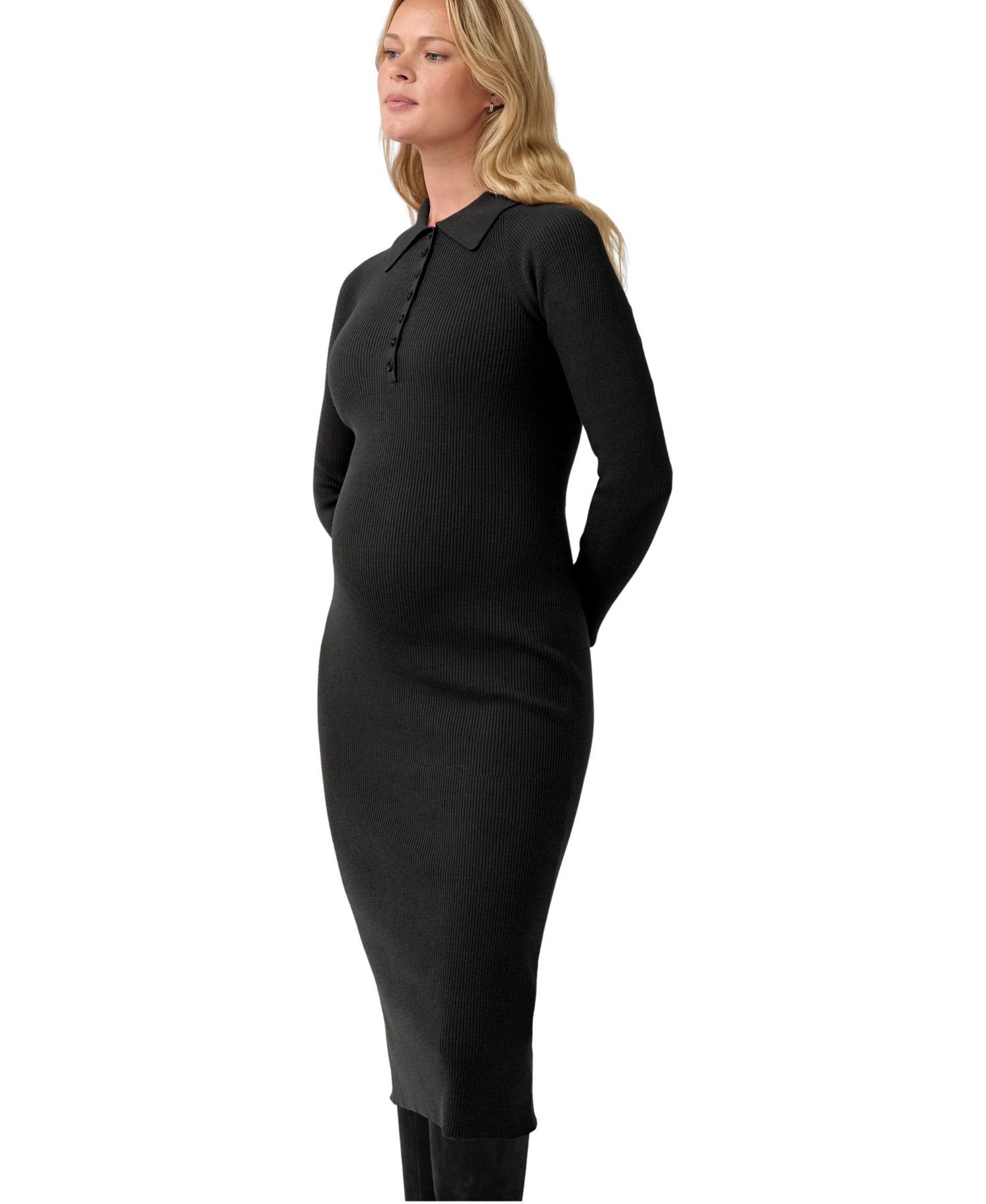 Maternity Nursing Ribbed Long-Sleeve Midi Dress