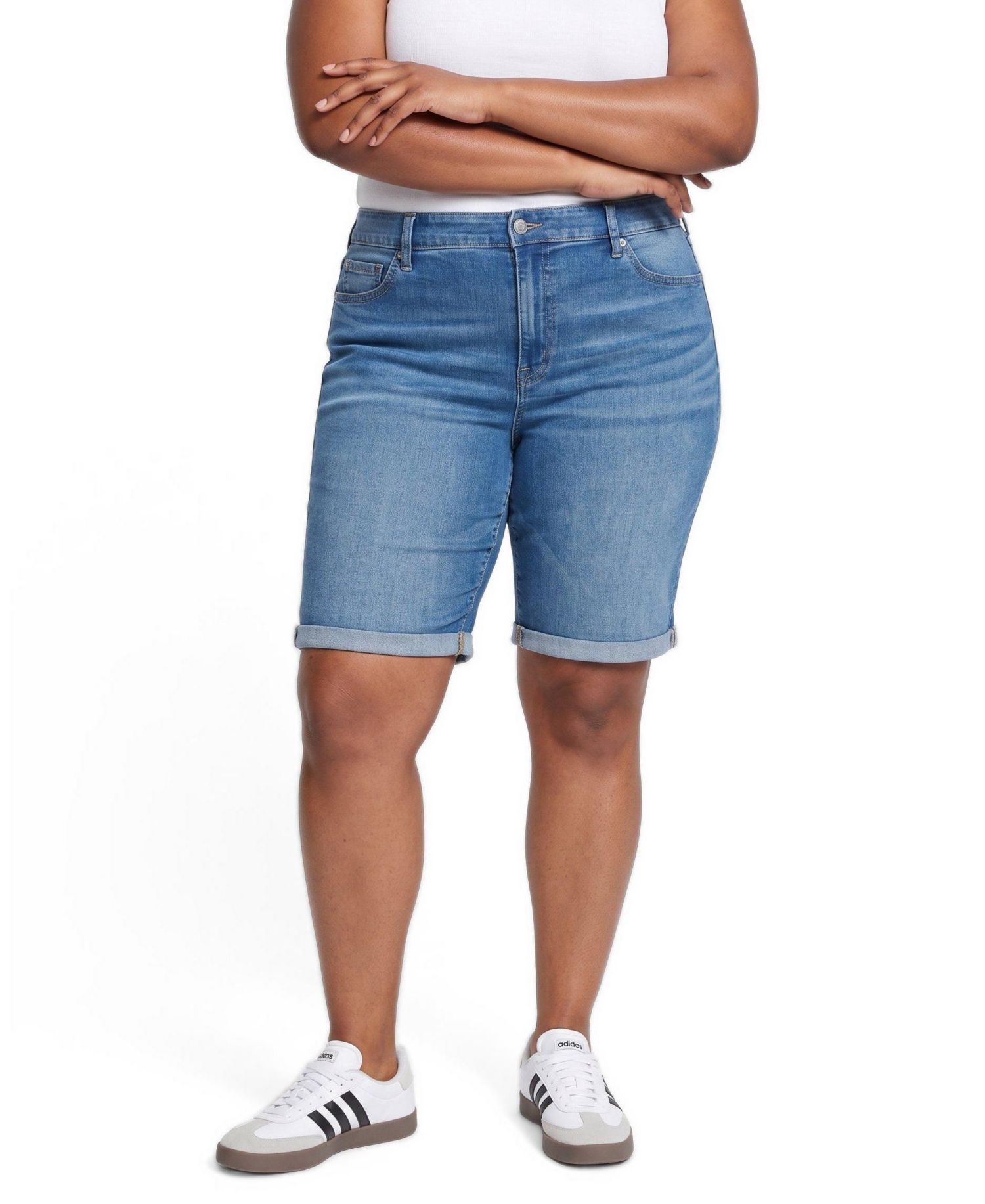 Plus Size Perfect High-Rise Denim Bermuda Shorts, 10" Inseam