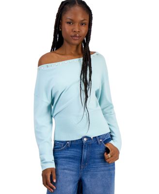 Juniors' Boat Neck Long Sleeve Ribbed Sweater