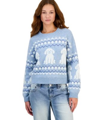 Juniors' Dog Icon Eyelash Novelty Crewneck Long-Sleeve Sweater