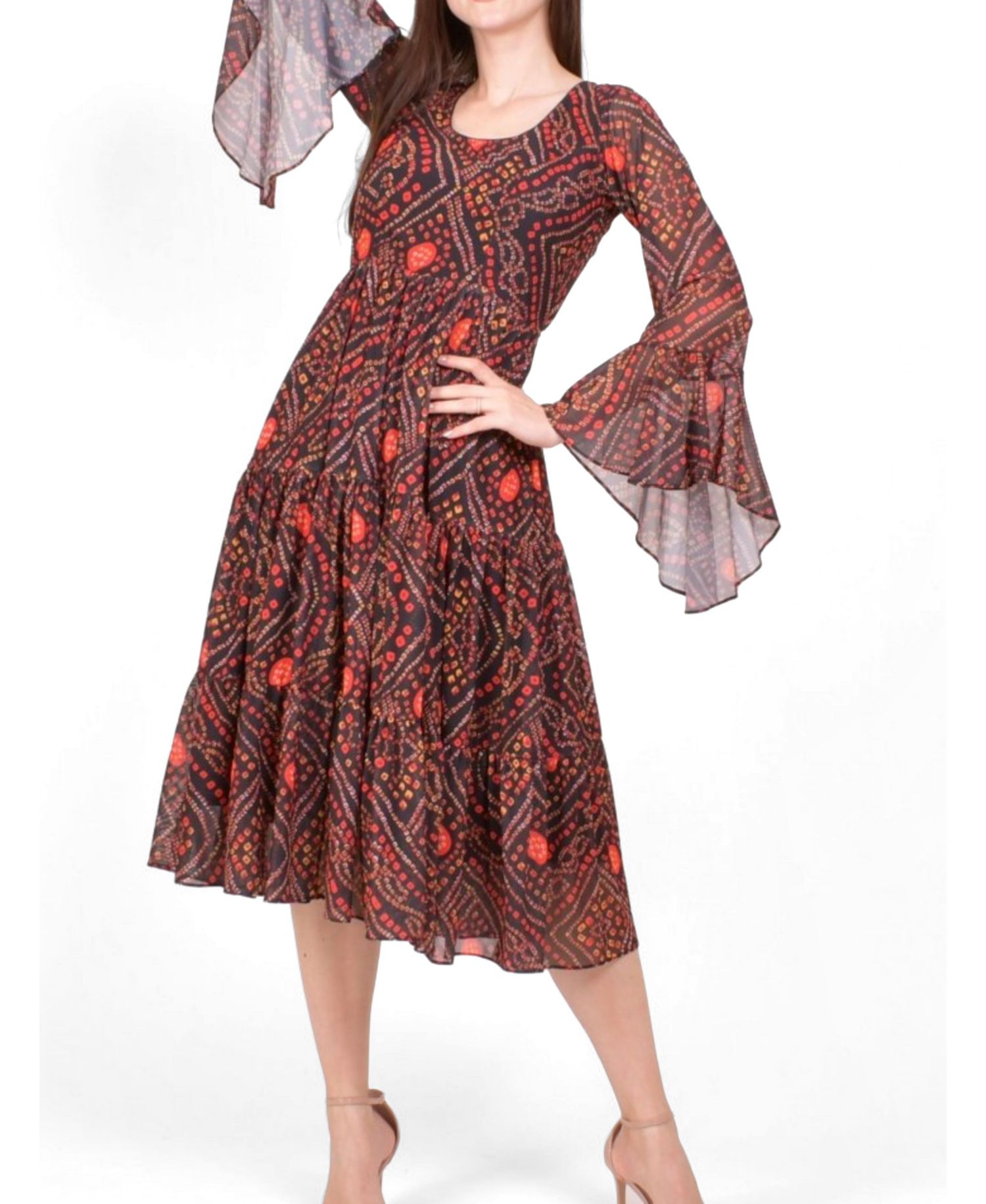 Women's Bandhani Bell Sleeve Tiered Midi Dress
