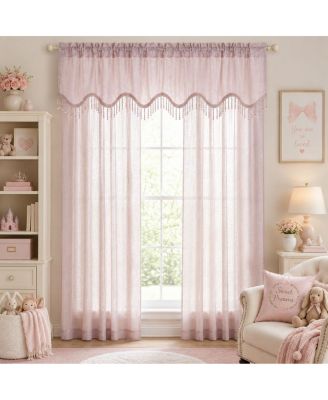 Gina Complete 4 Piece Rose Pink Metallic Sheer Window Curtains And Beaded Valances Set