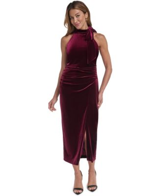 Petite Velvet Bow Mock Neck Midi Dress