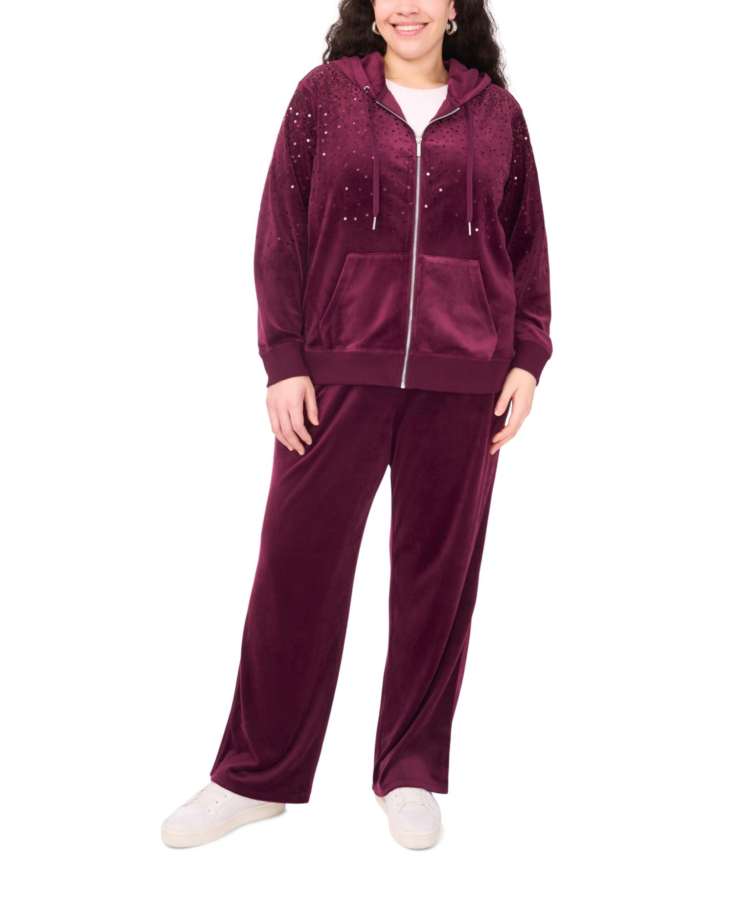 Plus Size Velour Zip-Front Hoodie Jacket