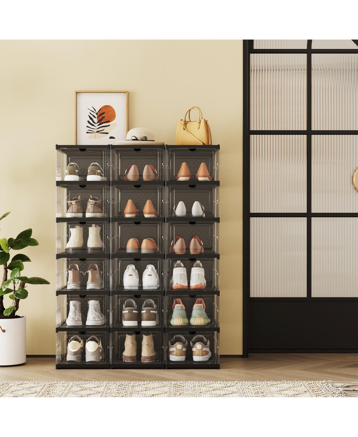 SongmicsHome Shoe Boxes Pack of 18, Stackable Foldable Shoe Storage Organiser with Clear Doors, 76.5 x 34.5 x 105.5 cm