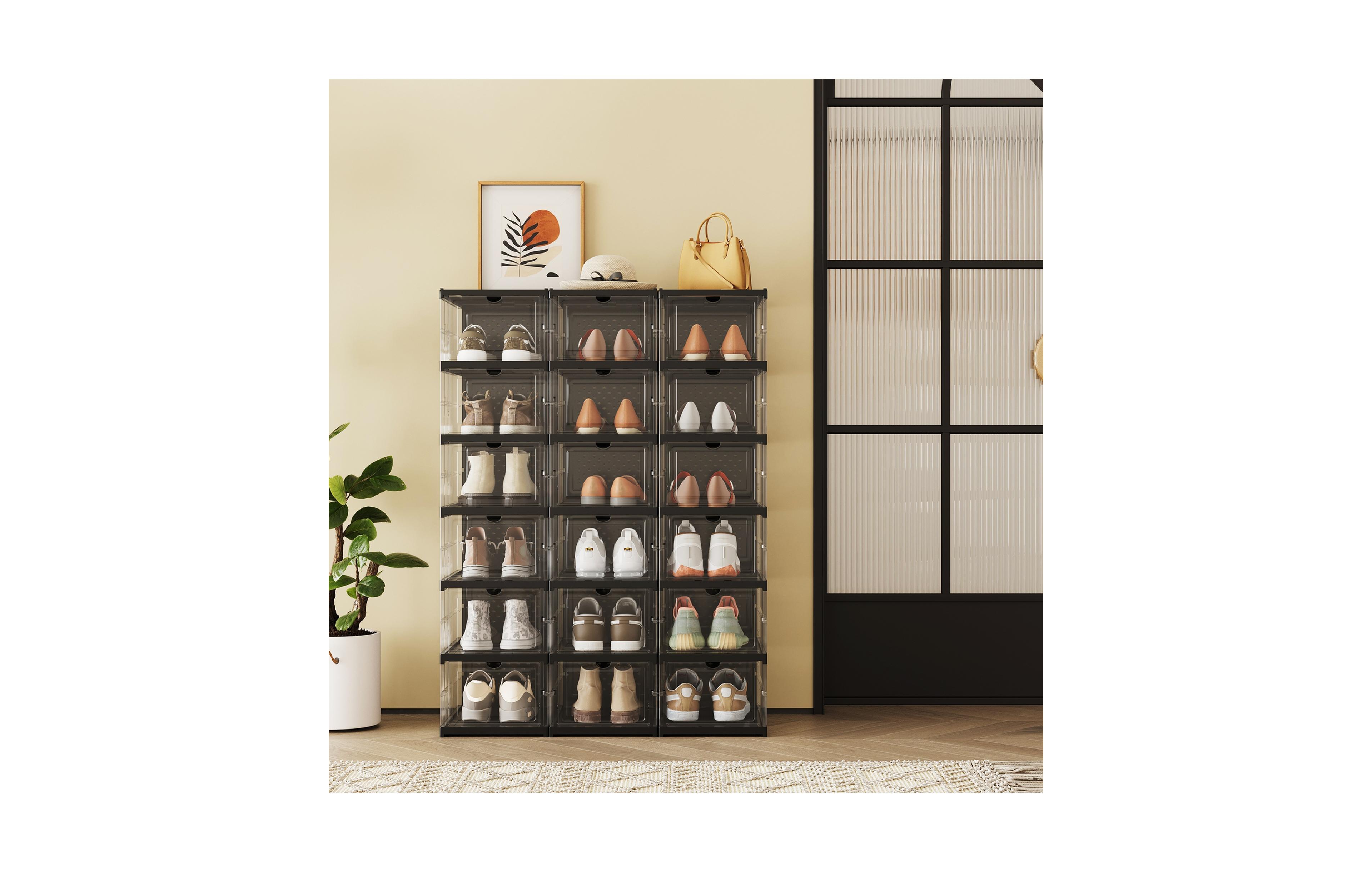 SongmicsHome Shoe Boxes Pack of 18, Stackable Foldable Shoe Storage Organiser with Clear Doors, 76.5 x 34.5 x 105.5 cm
