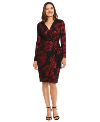 Women's Long-Sleeve Floral-Print Ruffle Wrap Dress