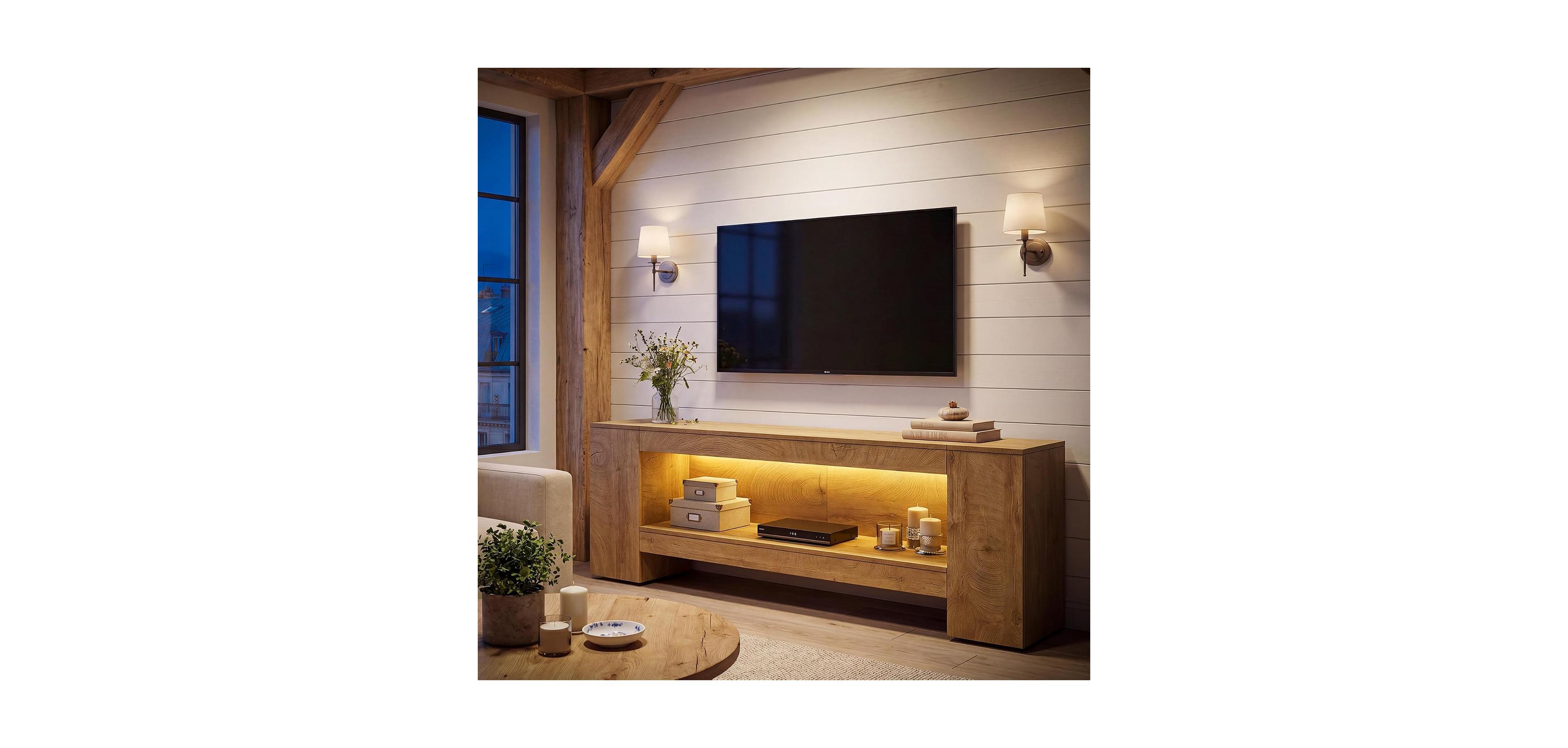 Tribesigns 83-Inch Tv Stand for 65/75/85, Farmhouse Entertainment Center, 2-Tier Television Stand with Led Light