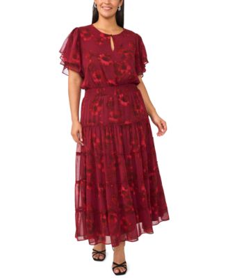 Plus Size Floral-Print Tiered Flutter-Sleeve Maxi Dress