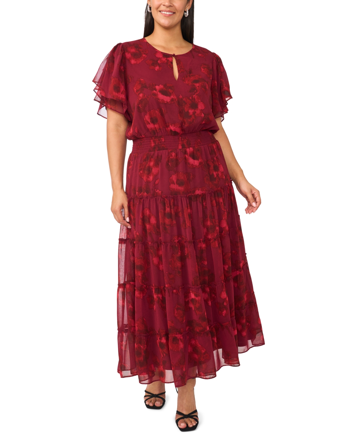 Msk Plus Size Floral-Print Tiered Flutter-Sleeve Maxi Dress - Port