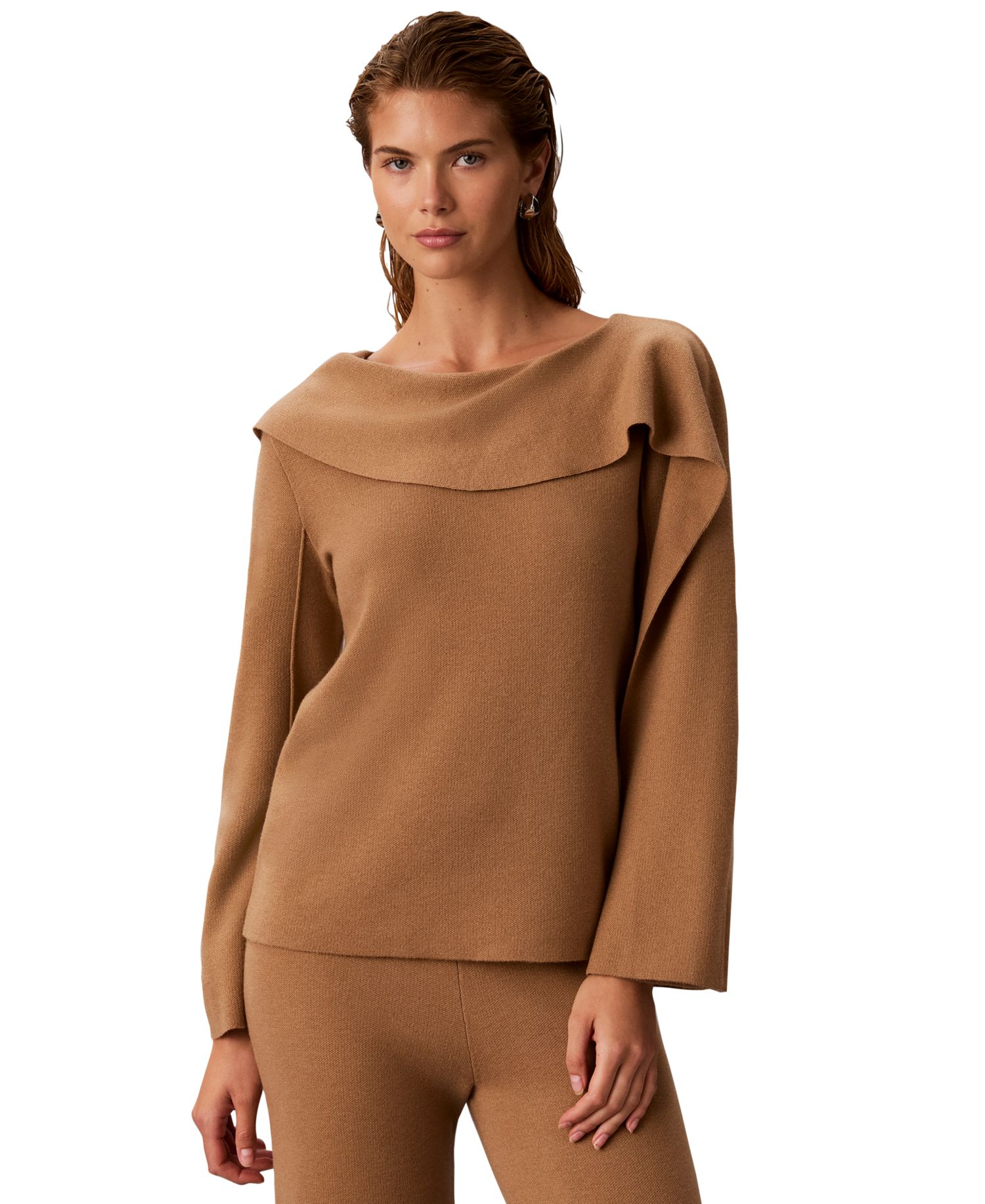 Petite Asymmetrical Drape Boat Neck Long-Sleeve Sweater