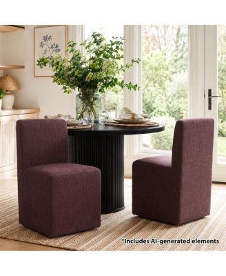Upholstered Dining Chairs Set of 2 with Hidden Wheels, 360-Degree Swivel Linen-Blend Kitchen Chairs, Parsons Side Chairs