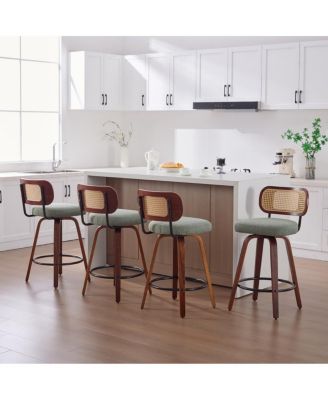 Rattan Cane Back Counter Height Stools Set of 4, Swivel Bar Stools with Upholstered Seat, Island Seating for Kitchen