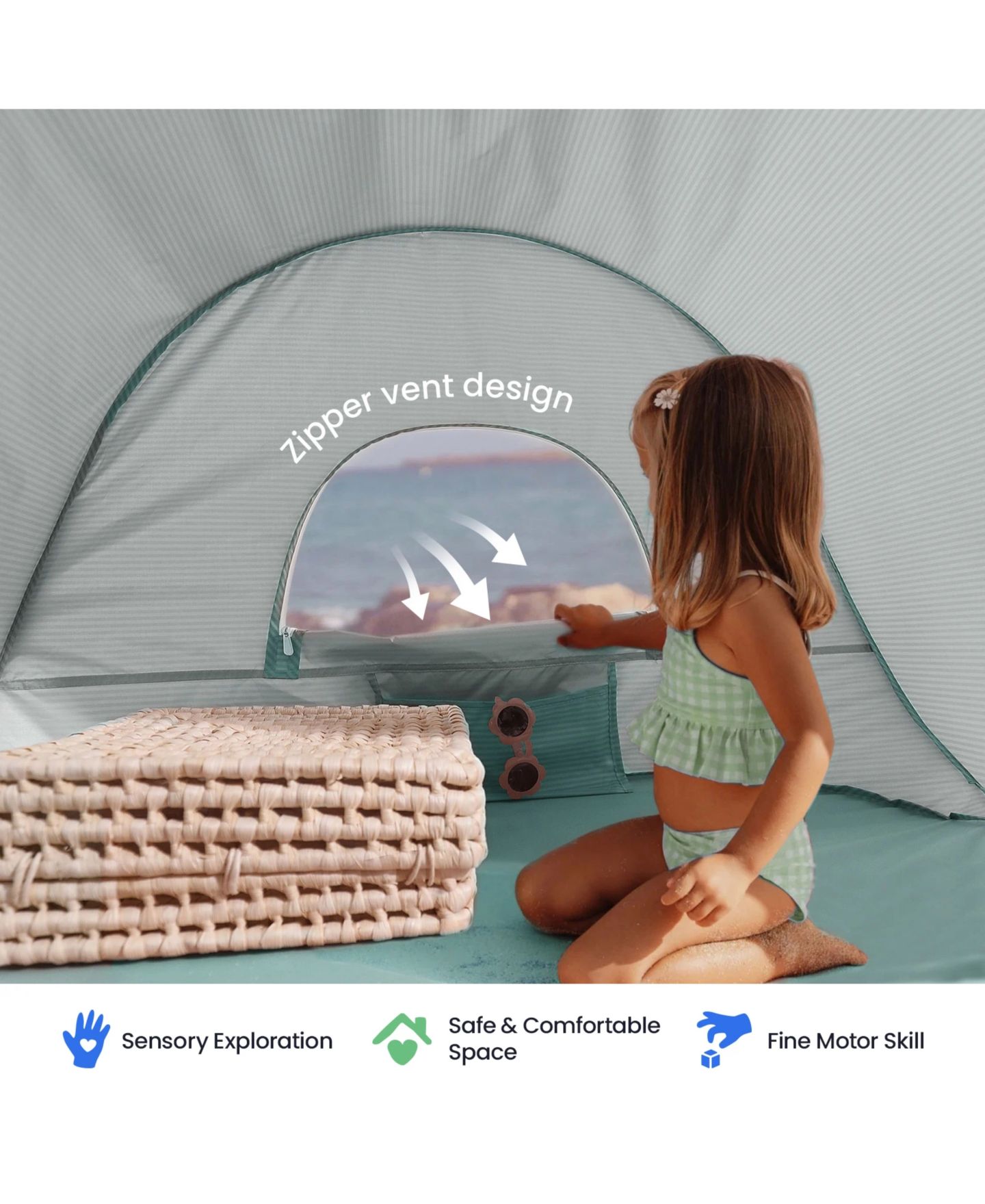 Детская пляжная палатка Tiny Land 3 в 1, раскладная, со встроенным бассейном, от 1 года, цвет: Зелёный — фото 3
