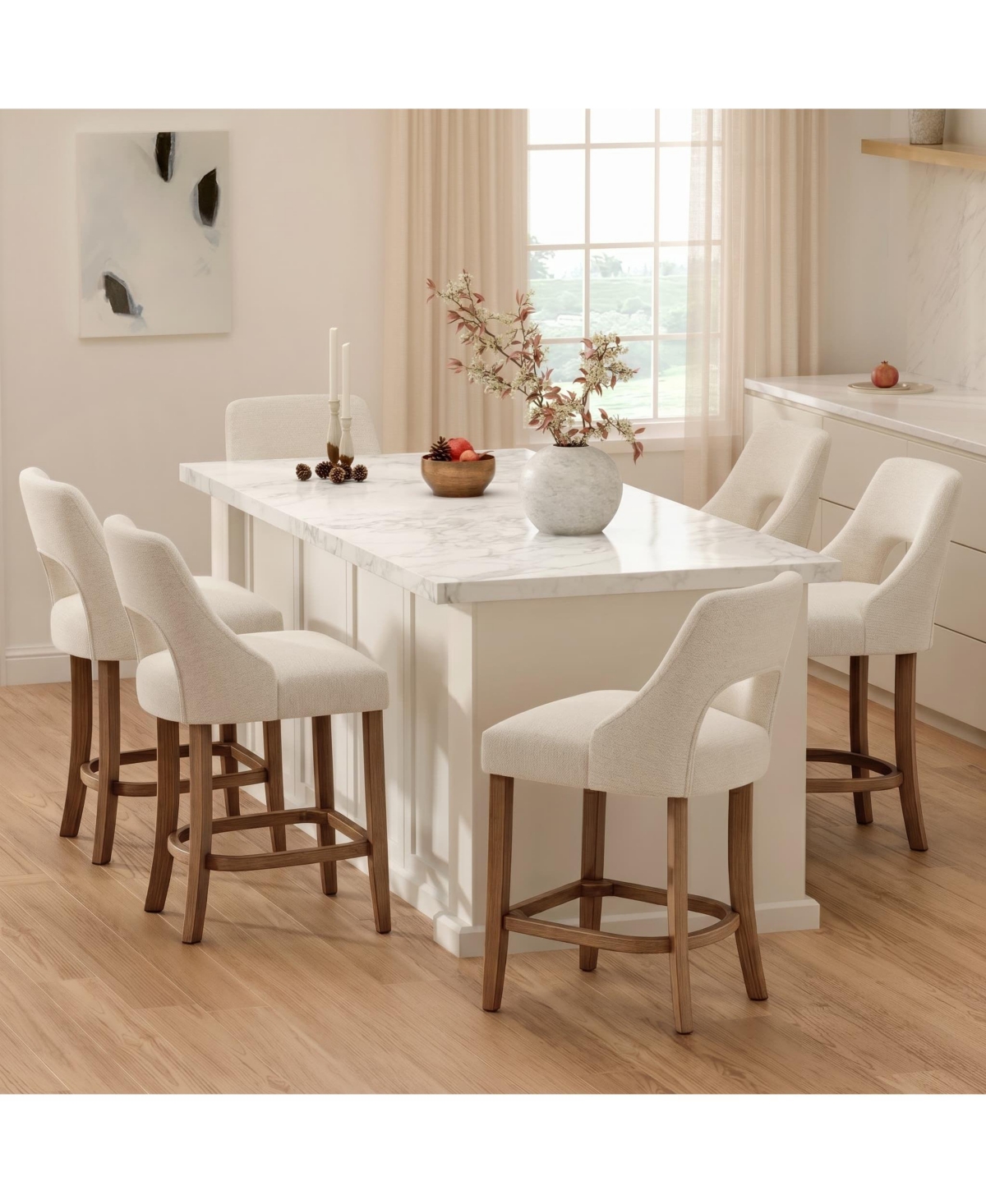 Masion Boucle Upholstered Counter Height Bar Stools Set of 6, Modern Seating with Cutout Back for Kitchen Island