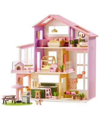 Sweetwood Edge Montessori-Inspired Modern 3-Story Wooden Dollhouse with 49-Piece Furniture Set, Ages 3+
