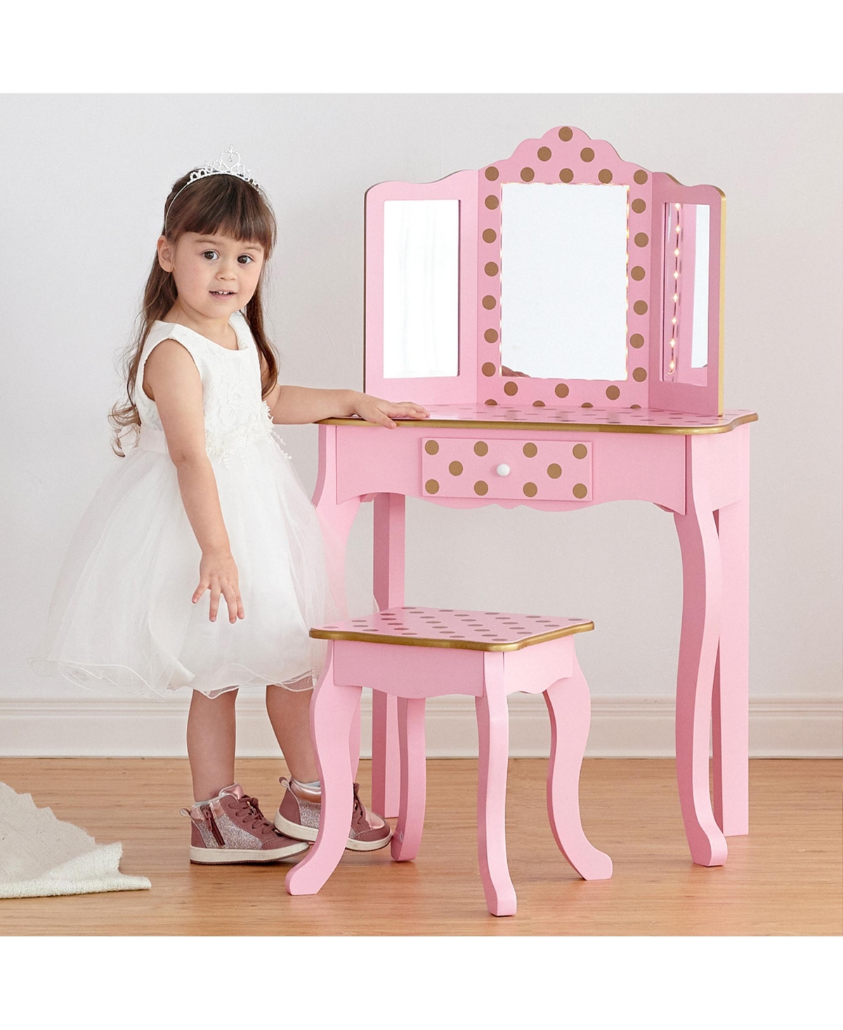 Teamson Kids Polka-Dot Gisele Led Mirror 2-Piece Vanity Set, Ages 3+