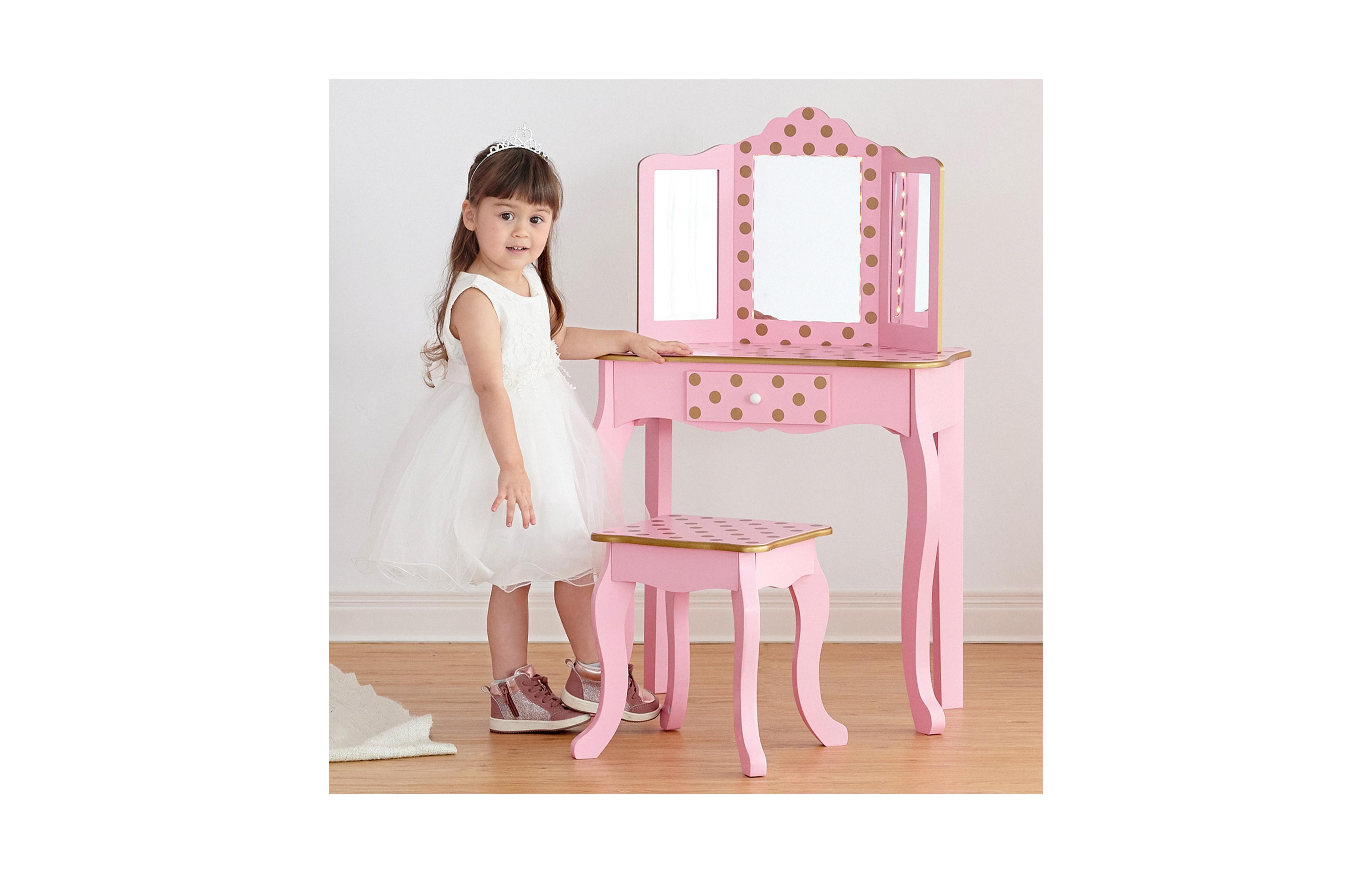 Teamson Kids Polka-Dot Gisele Led Mirror 2-Piece Vanity Set, Ages 3+