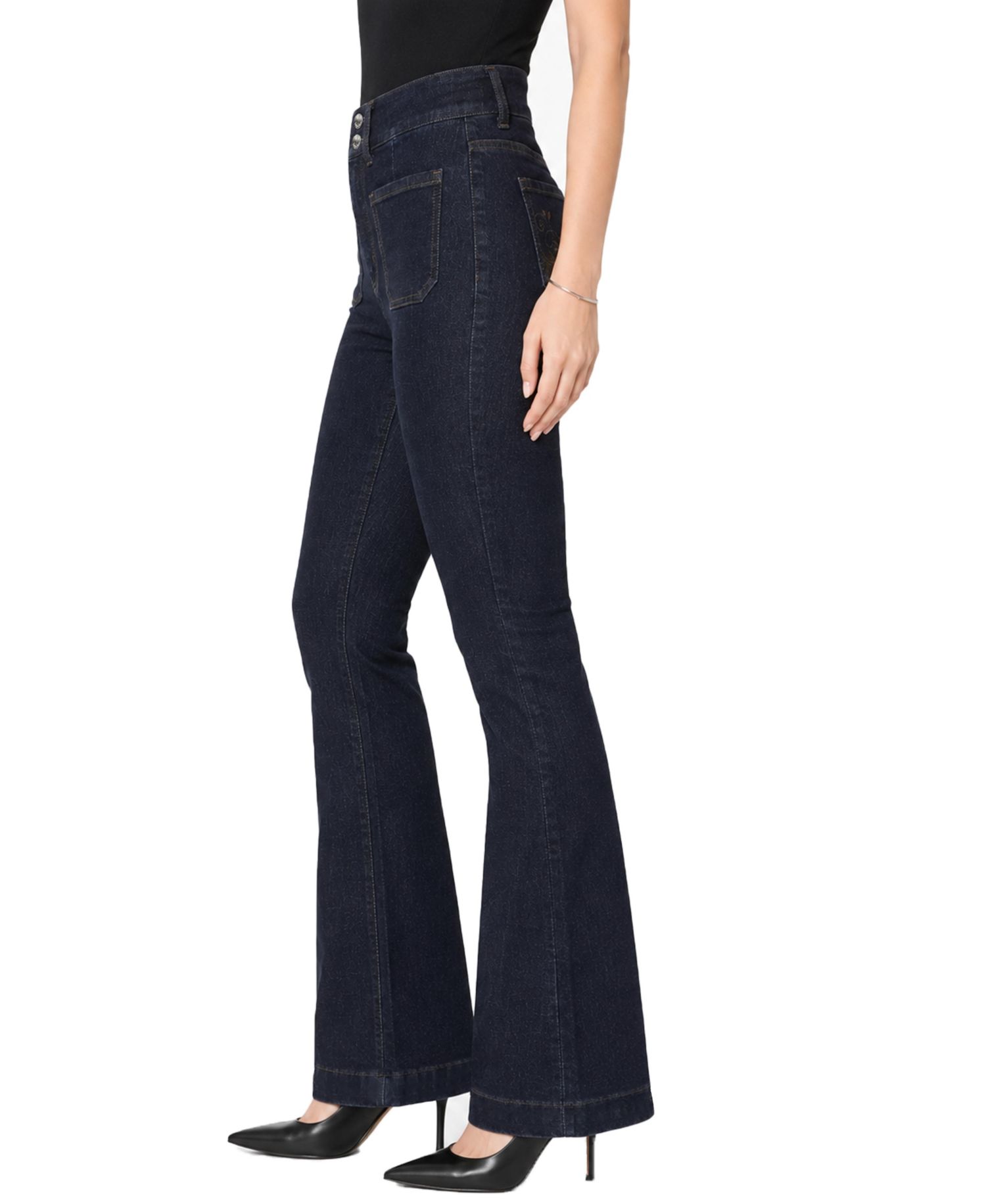 Women's Dark Rinse Tummy Control Bootcut Jean with Back Patch Pocket Embroidery Detail