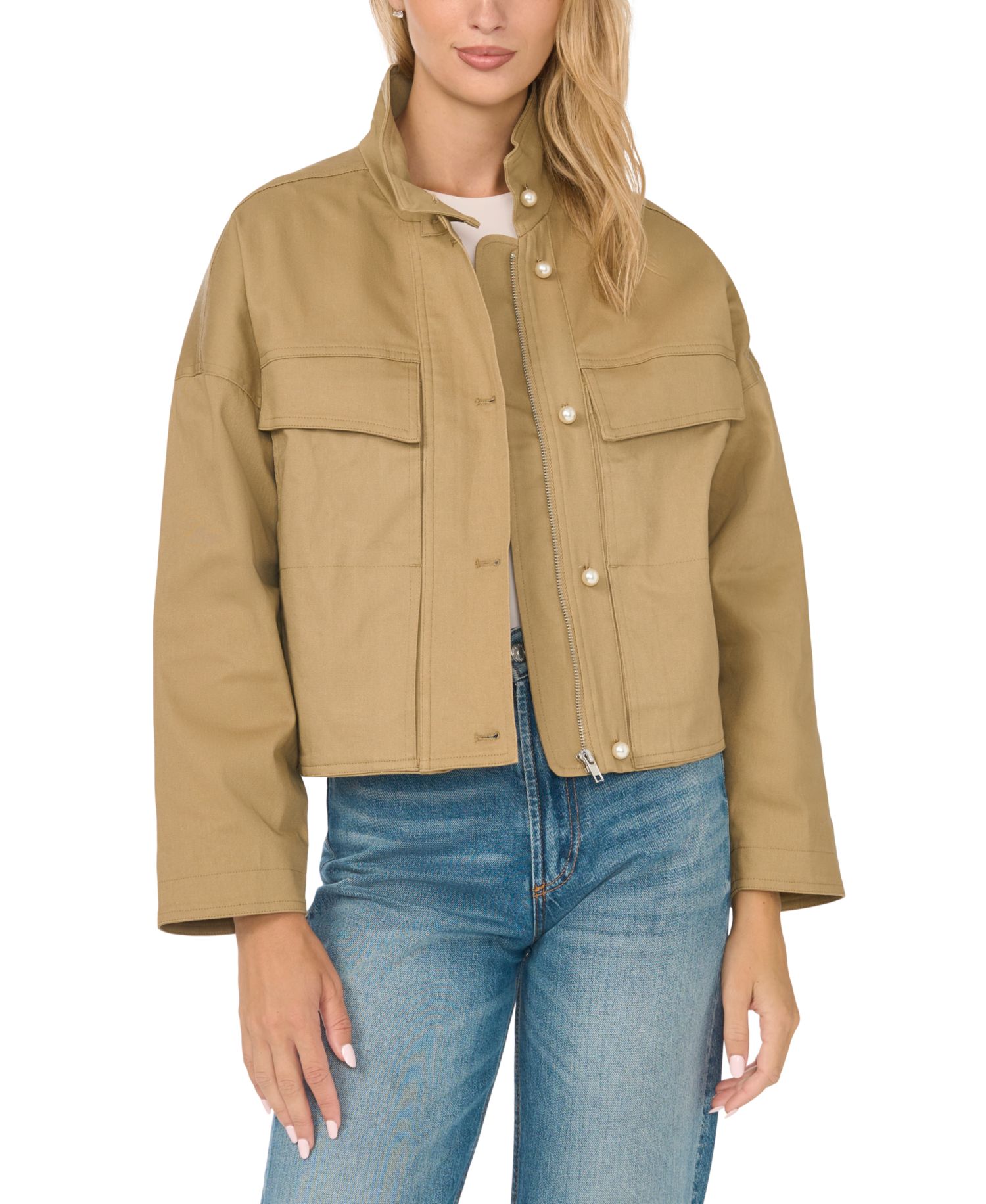 Women's Cargo Style Short Long-Sleeve Jacket with Imitation Pearl Details