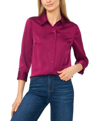 Women's 3/4-Sleeve Satin Button-Down Blouse