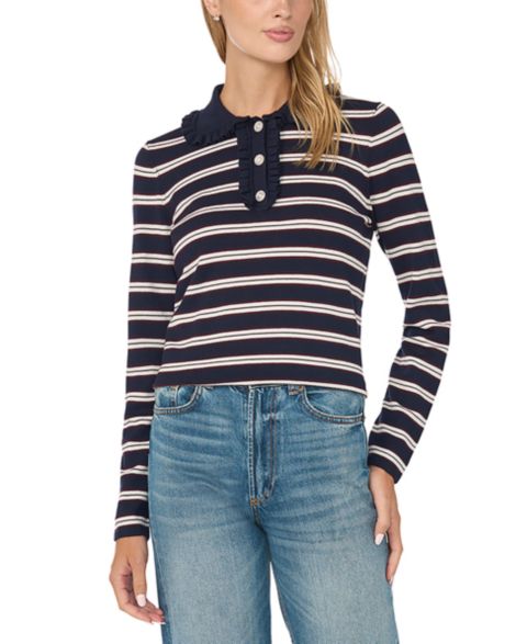 Женский свитер CeCe Ruffle-Collar Striped, цвет: Тёмно-синий ягодный