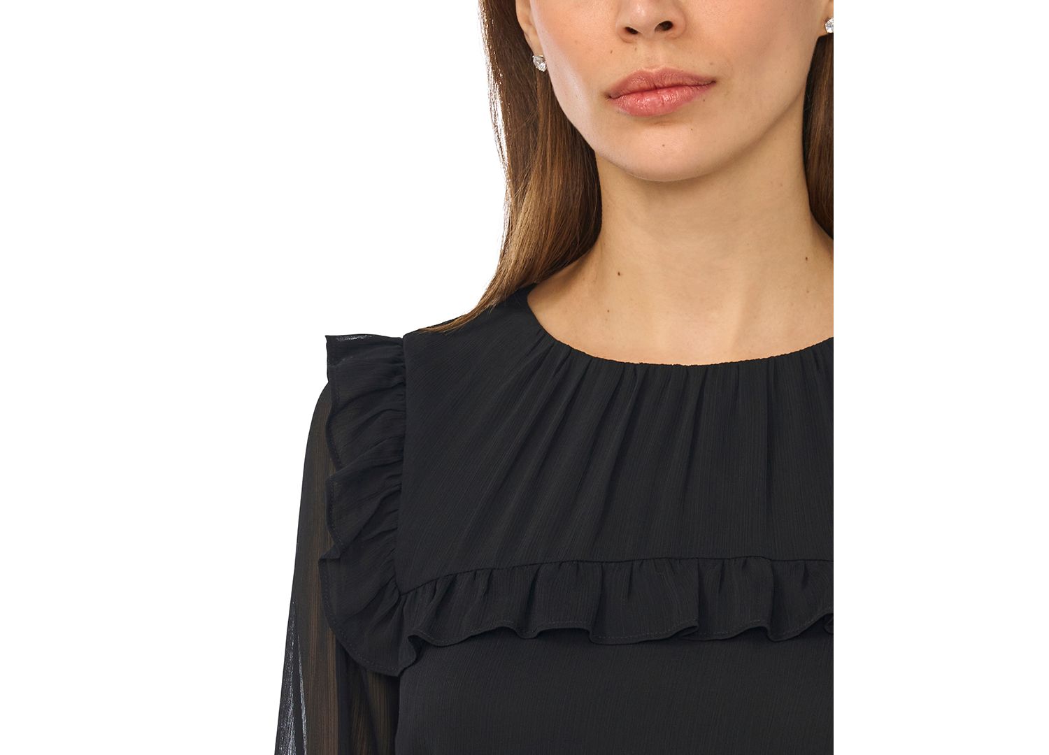 Women's Long-Sleeve Tie-Neck Blouse with Ruffle Yoke