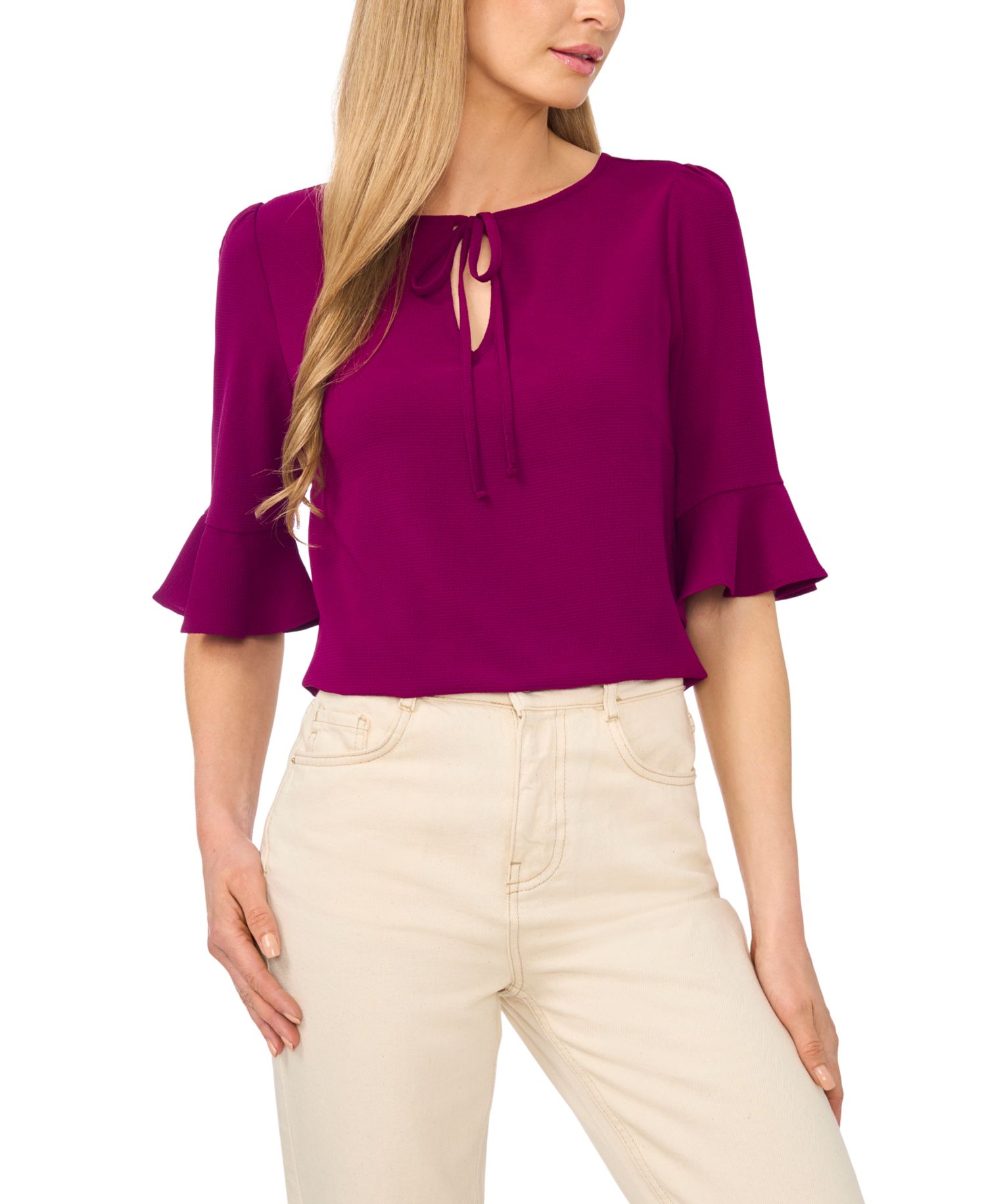 Women's Split Tie Neck Ruffle Cuff 3/4-Sleeve Top