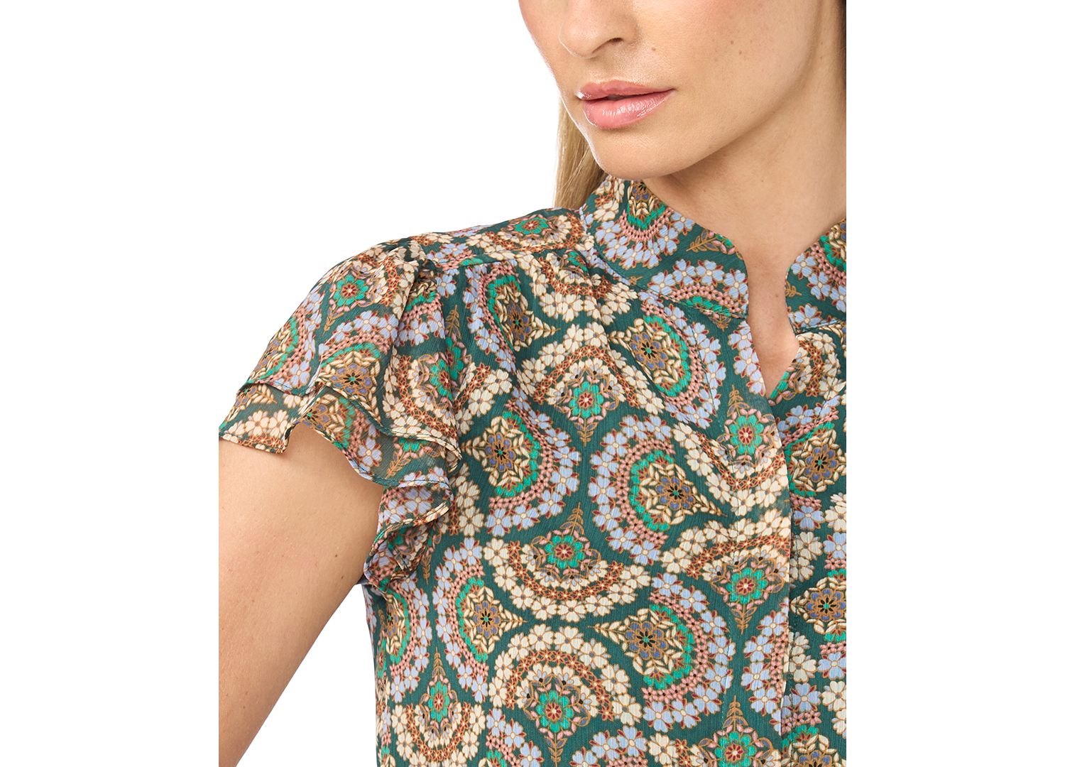 Women's Double-Flutter Collared Geometric-Print Blouse
