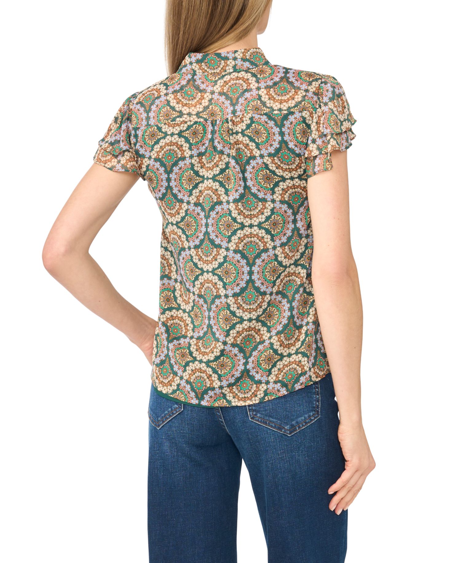 Women's Double-Flutter Collared Geometric-Print Blouse