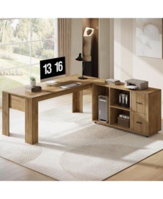63" L Shaped Executive Desk with Mobile File Cabinet, Brown