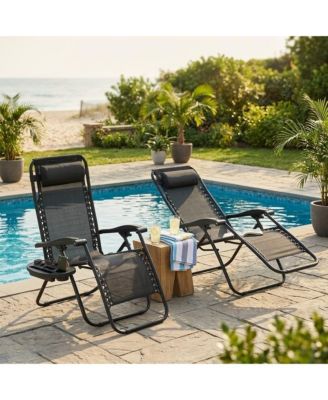 Set of 2 Backyard Lounge Chairs Heavy Duty Adjustable Reclining Patio Chairs with Pillow and Cup Holder, Folding Outdoor Chairs