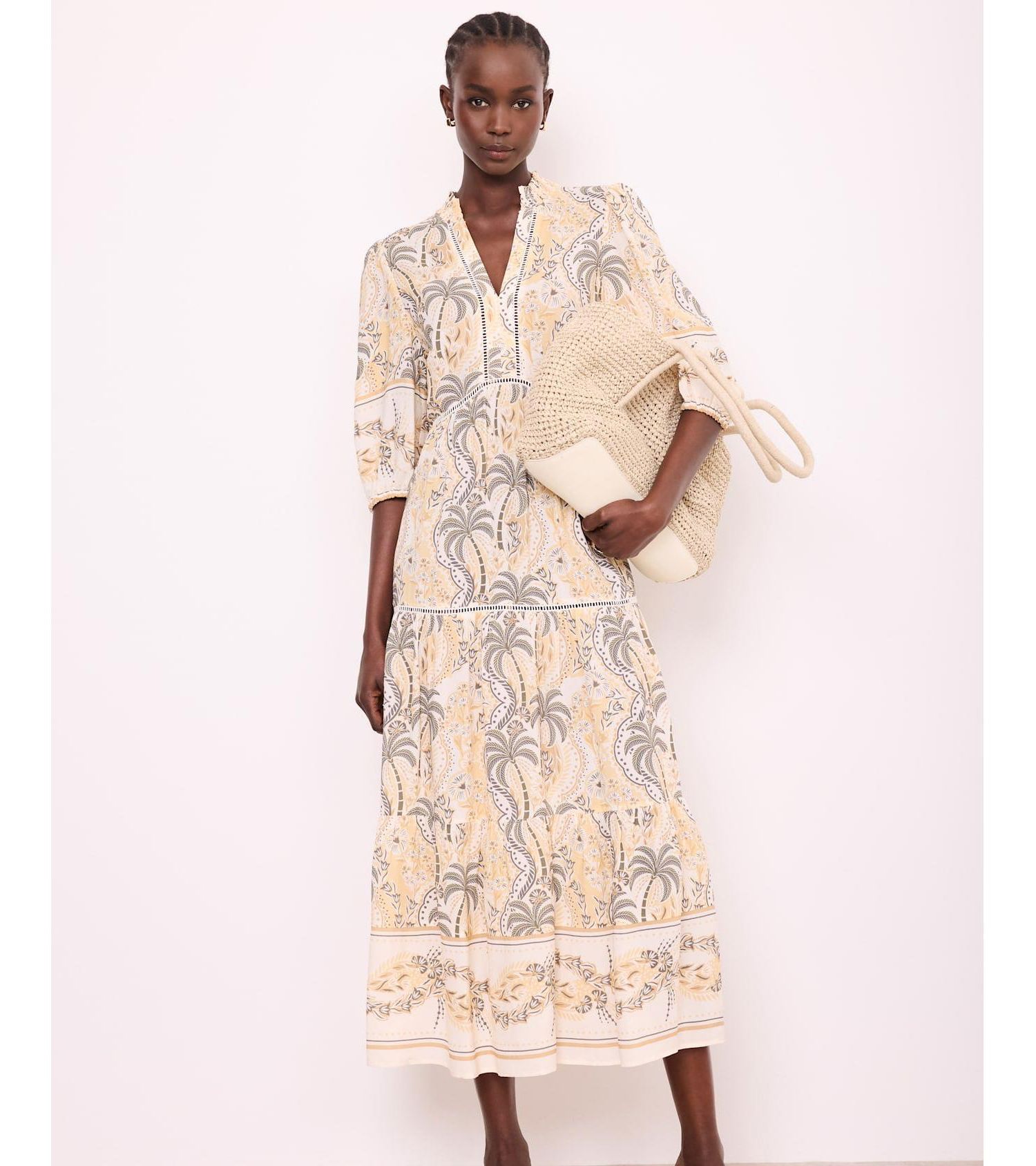 Women's Palm-Print V-Neck 3/4-Sleeve Maxi Dress
