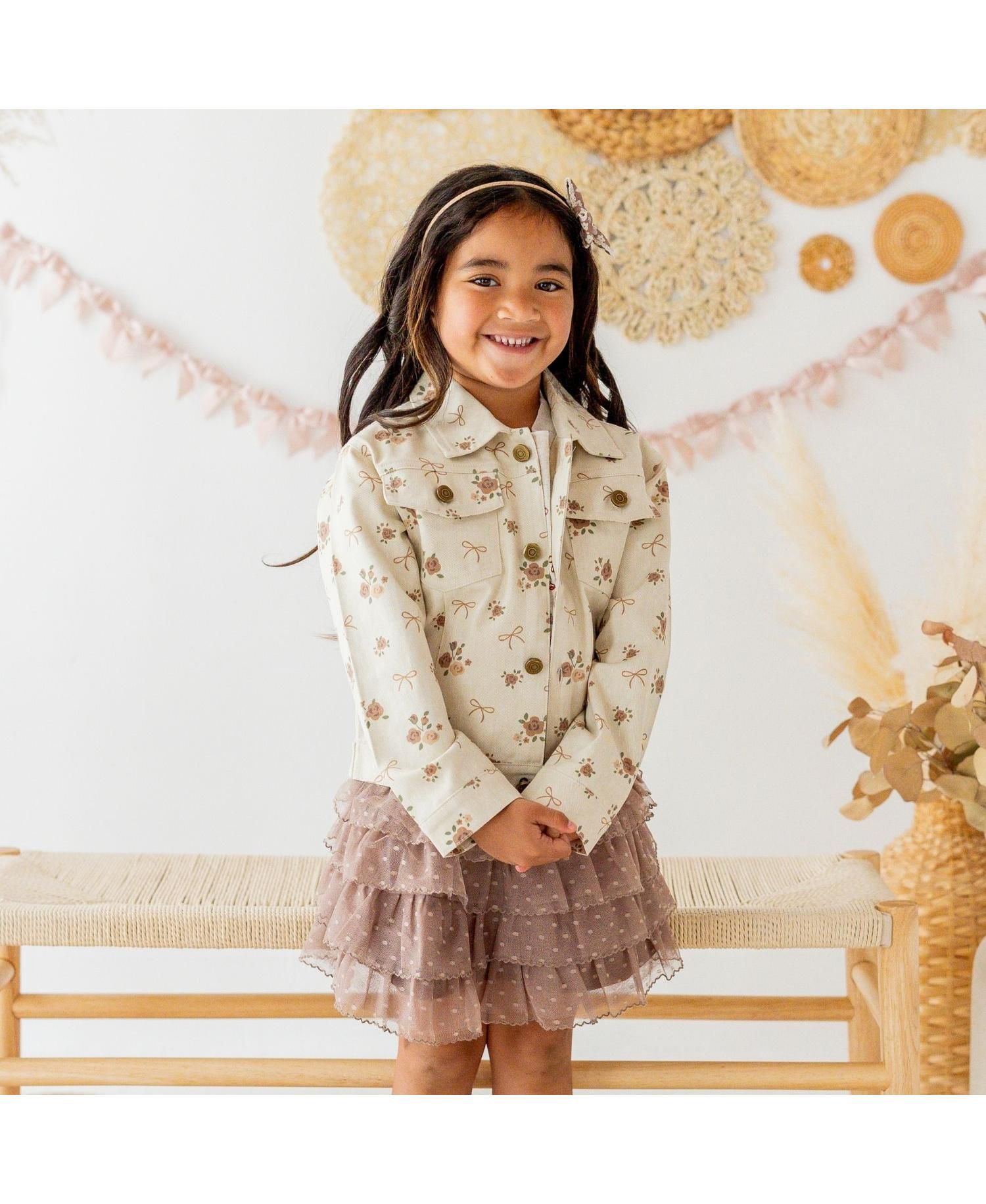 Girls' 4-16 Distressed Floral-Print Denim Jacket