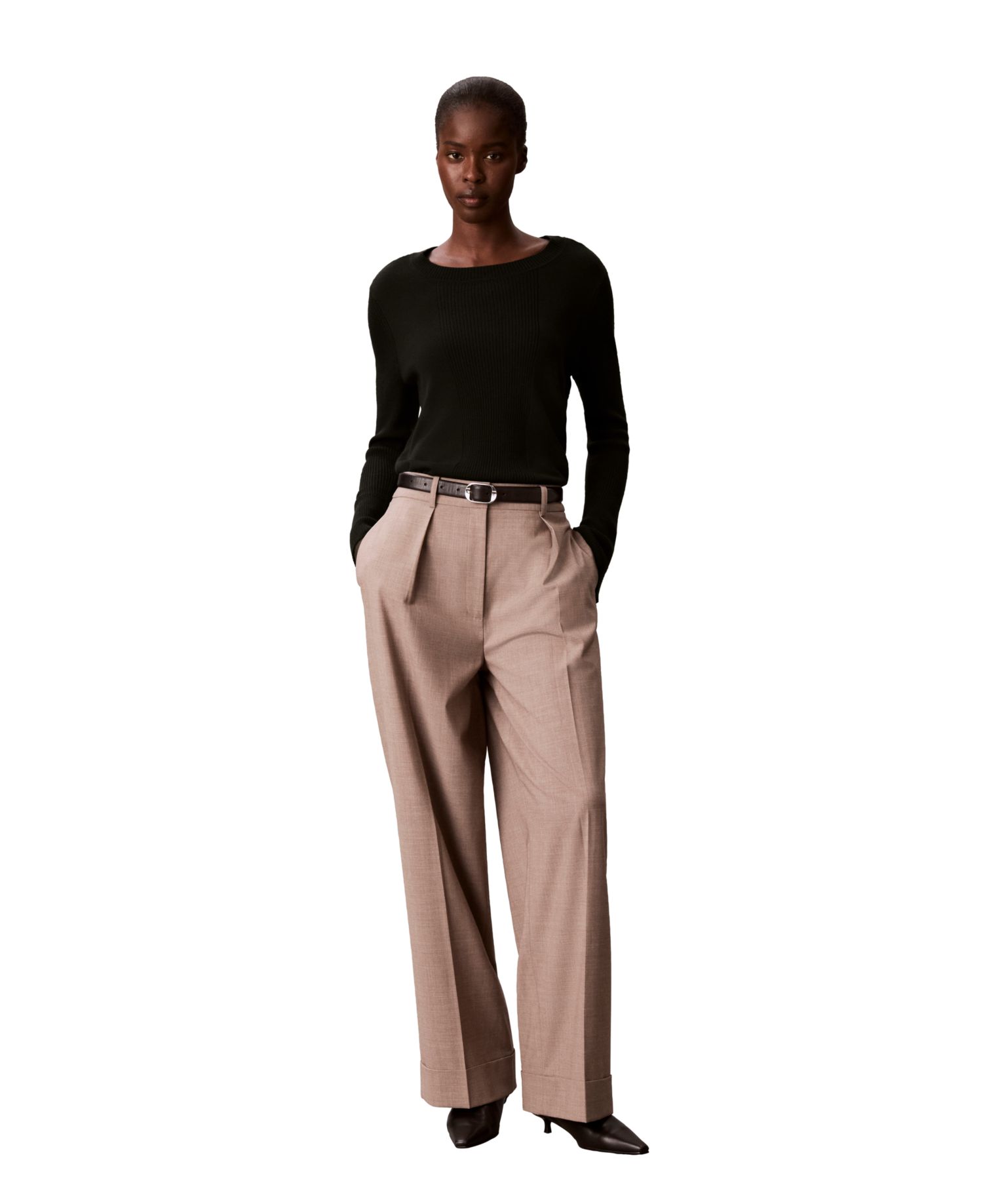 Petite Ribbed Sculpted-Sleeve Crewneck Sweater