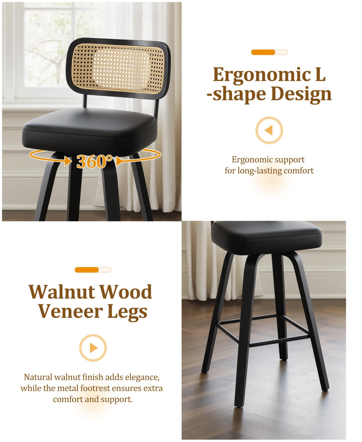 Bekrvio 29" Mid-Century Swivel Bar Height Bar Stools, Rattan Back and Faux Leather Kitchen Stools