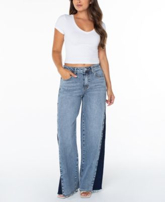 Juniors' Mid Rise Contrast Panel Wide-Leg Jeans