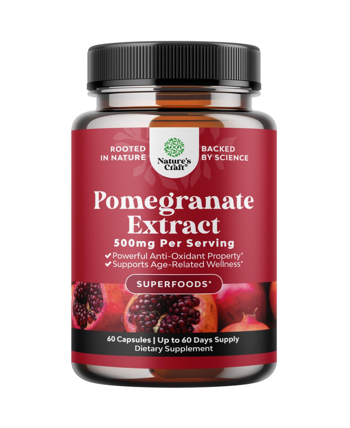Nature's Craft Pomegranate Extract Capsules 500mg - Pomegranate Fruit Extract - Easy-to-Swallow Capsules - 60 Count