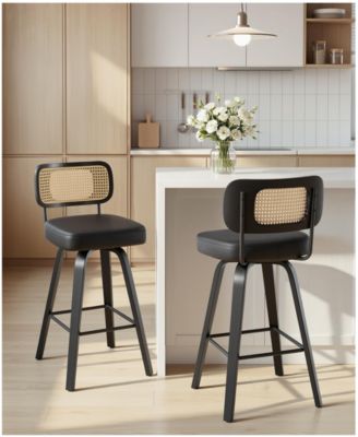 26" Mid-Century Swivel Counter Height Bar Stools, Rattan Back and Faux Leather Kitchen Stools