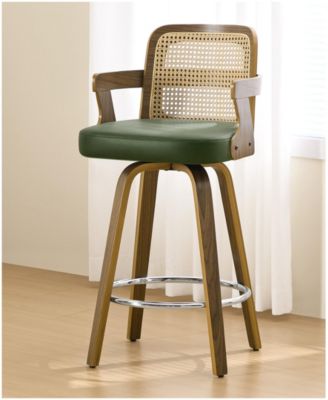 26" Mid-Century Swivel Counter Height Bar Stools, Rattan Back and Faux Leather Kitchen Stools