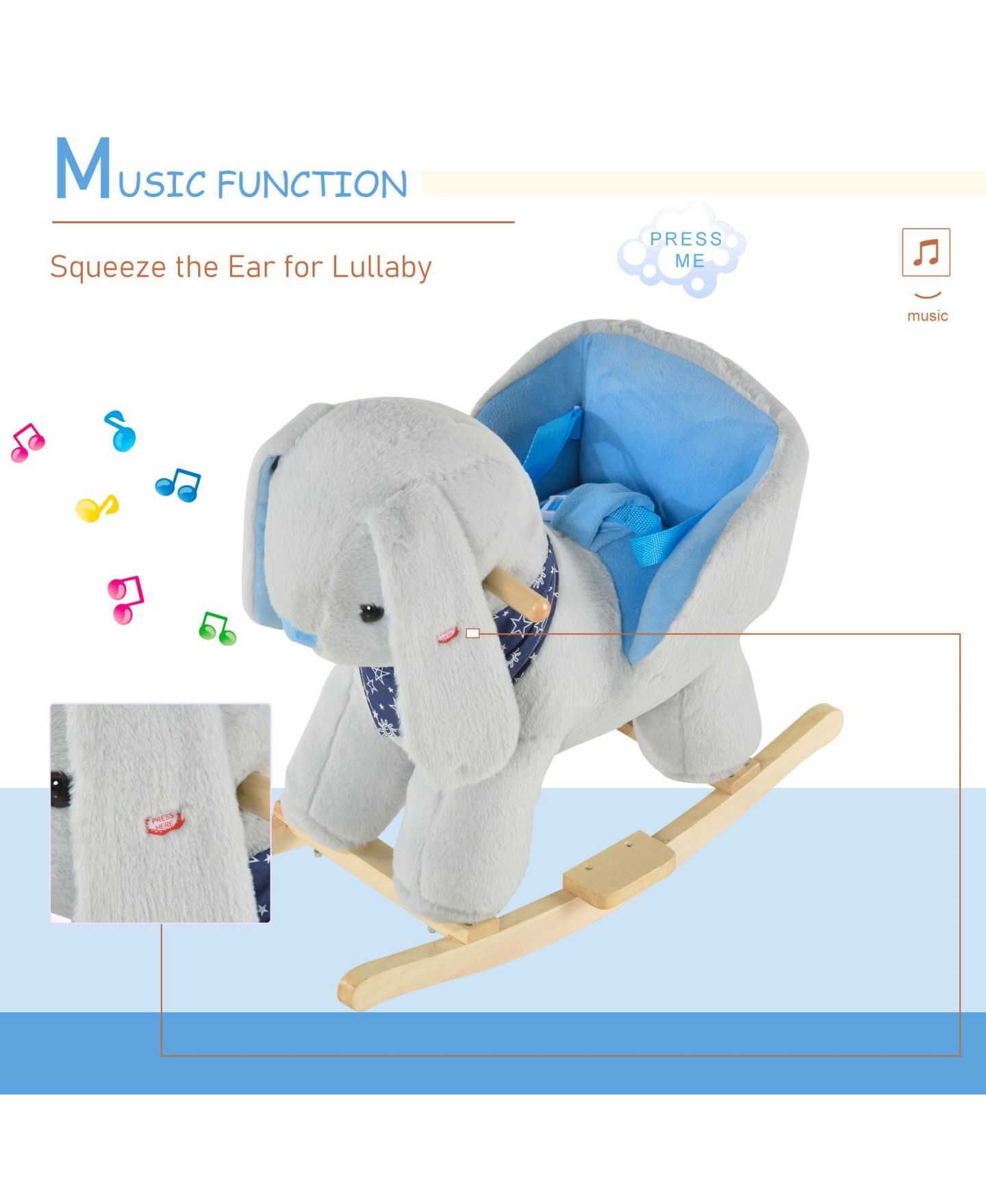 Детские мягкие игрушки Glintex Kids Rocking Horse Bunny Rocker with Lullaby Music, Plush Ride-On Toy with Wood Base and Seat Belt for Toddlers 18-36 Months, Grey, цвет: Серый — фото 7