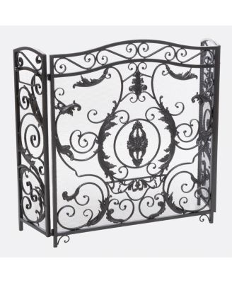 Traditional 3 Panel Folding Fireplace Screen with Iron Frame and Decorative Scrollwork